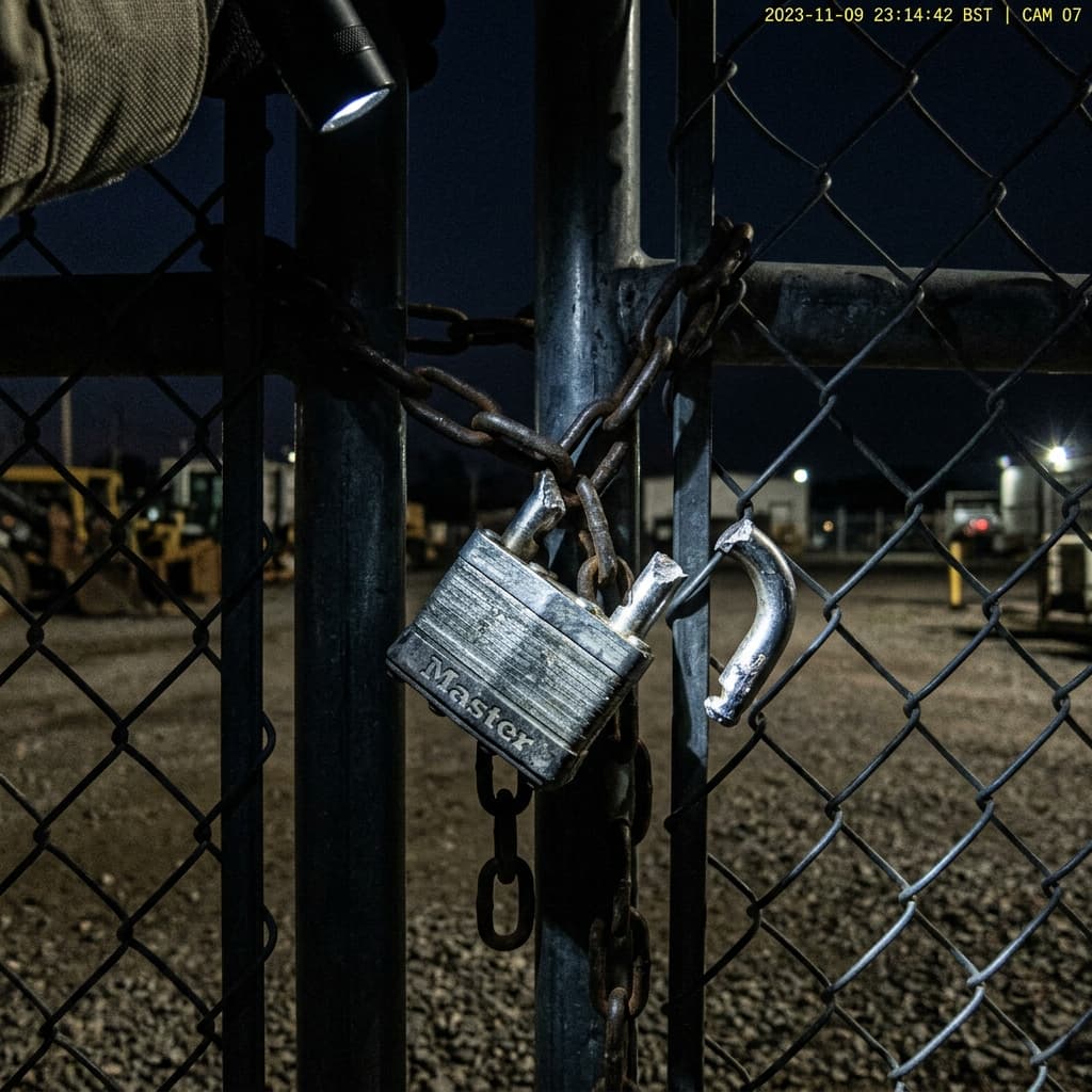 Broken lock — east gate