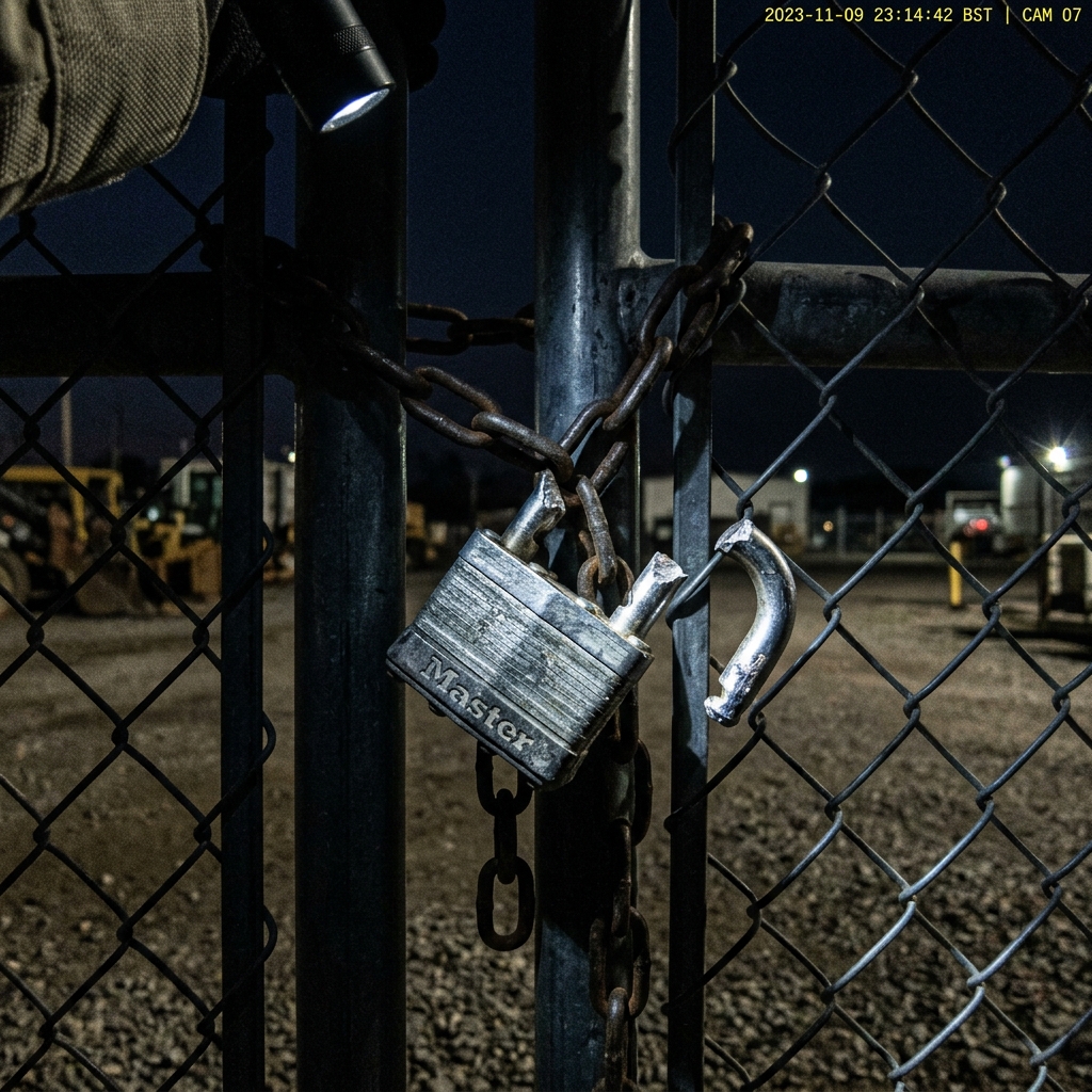 Broken lock — east gate